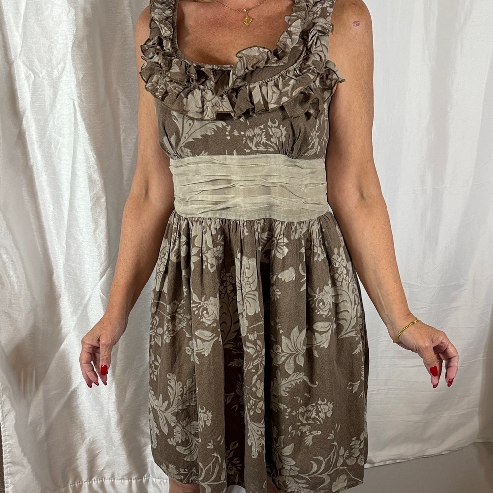 Burlapp Anthropologie Floral Ruffle Dress in Brown Size Large